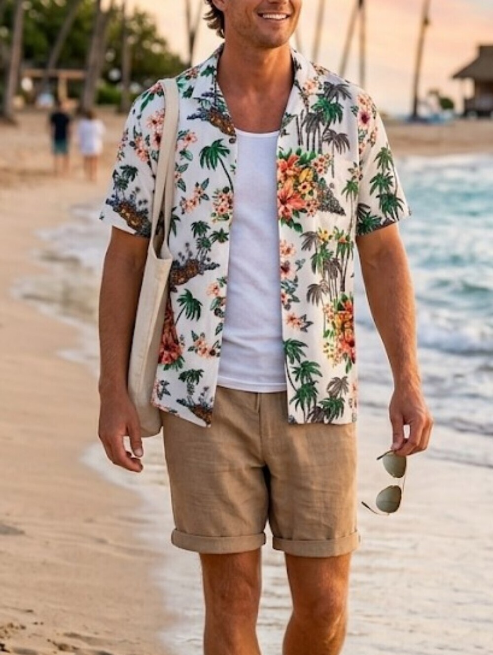 George White Floral Hawaiian Camp Shirt with Green Palm Motif Size L